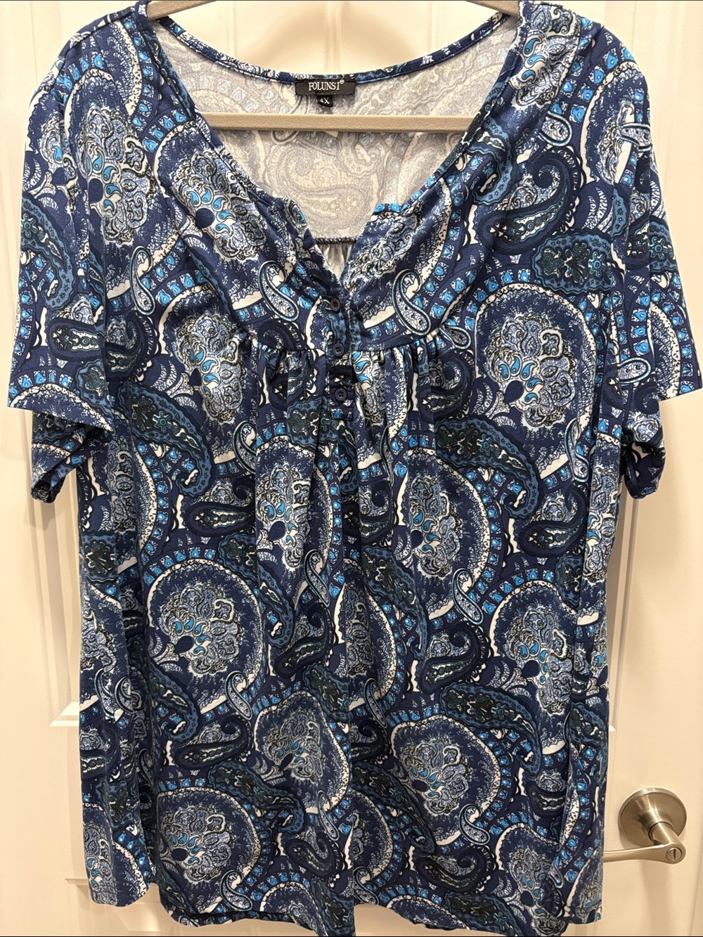 Folunski 4X Blue Paisley Tunic Top Pleated Stretch Plus Size